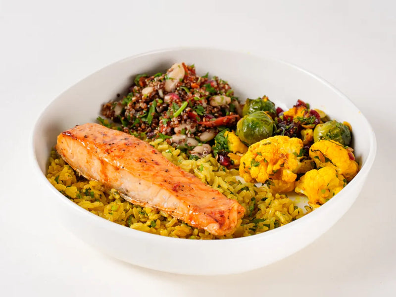 Sweet chilli baked salmon protein bowl with herb brown rice and Route salads at Cafe Route
