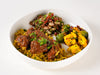 Mediterranean beef birria protein bowl with lemon and herb brown rice and Route salads