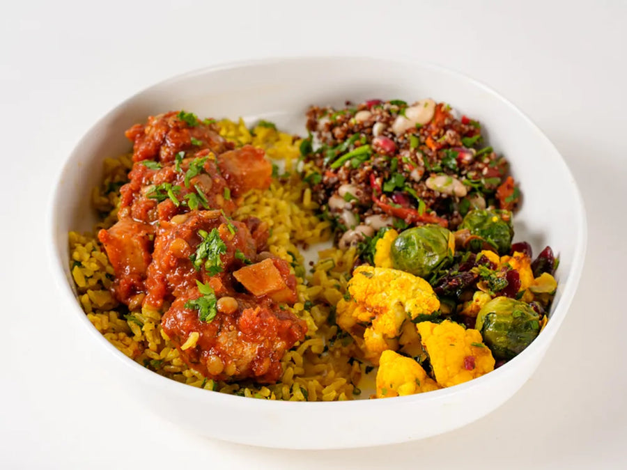 Chicken meatball protein bowl with garlic yoghurt, herb brown rice and Route salads