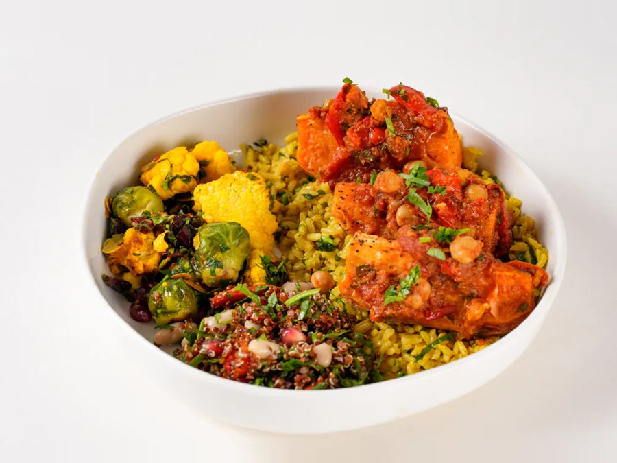 Vegan chickpea salsa protein bowl with sweet potato, tahini and Route salads