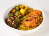 Honey harissa chicken protein bowl with herb brown rice and Route salads at Cafe Route