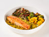 Sweet chilli baked salmon protein bowl with herb brown rice and Route salads at Cafe Route