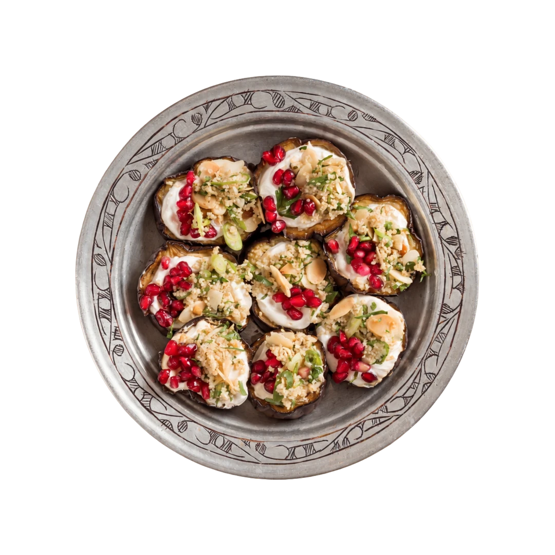 Aubergine salad with pomegranate and herbs, winter cold side at En Route