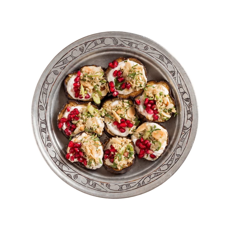 Aubergine salad with pomegranate and herbs, winter cold side at En Route