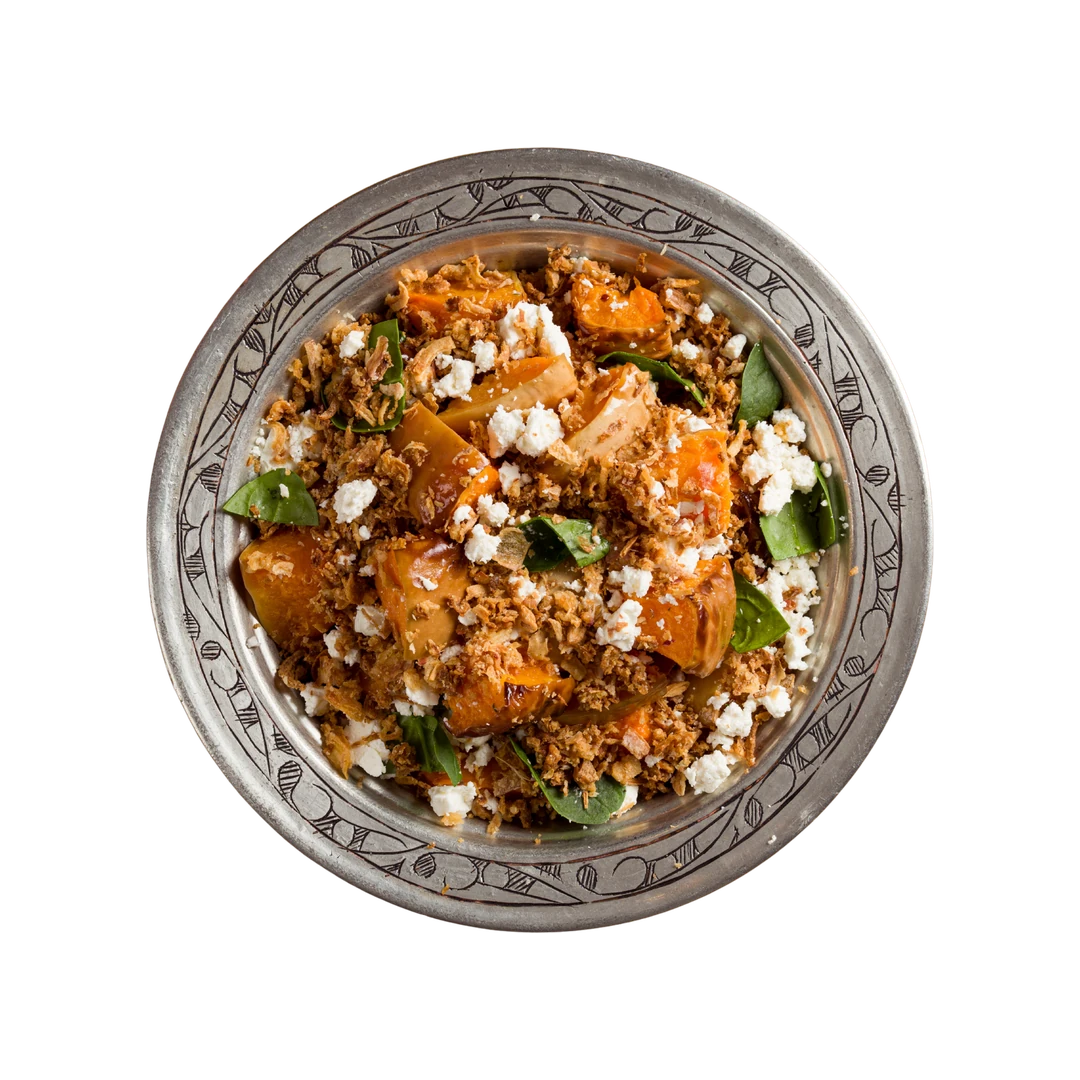Butternut squash salad with grains and crumbled cheese, winter cold side at En Route