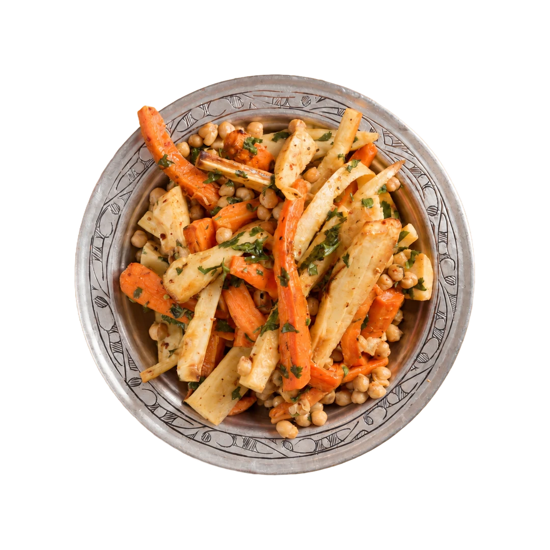 Carrot and parsnip salad with chickpeas, vegan winter cold side at En Route