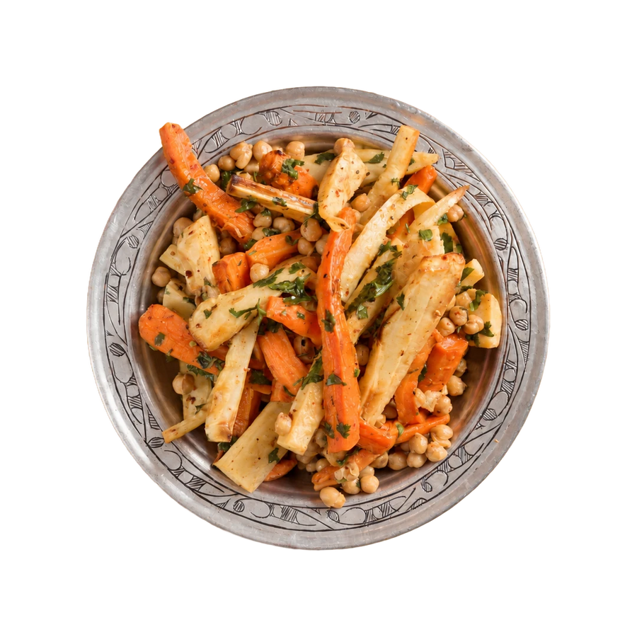 Carrot and parsnip salad with chickpeas, vegan winter cold side at En Route