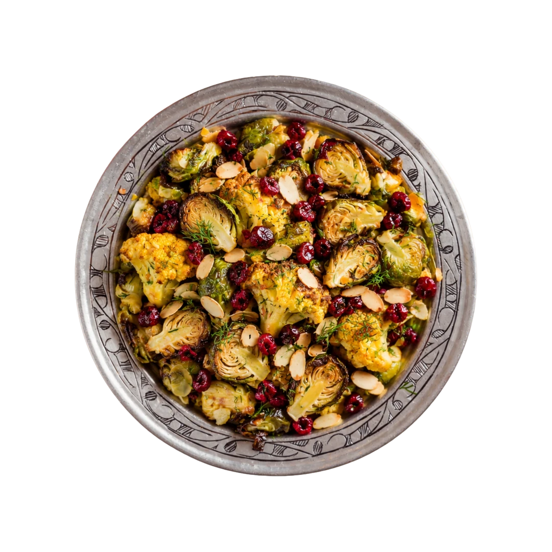 Cauliflower and Brussels sprouts salad with cranberries and almonds, vegan winter cold side at En Route