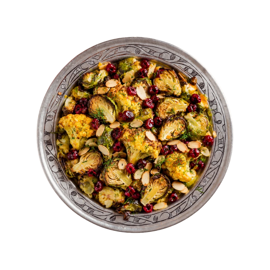 Cauliflower and Brussels sprouts salad with cranberries and almonds, vegan winter cold side at En Route