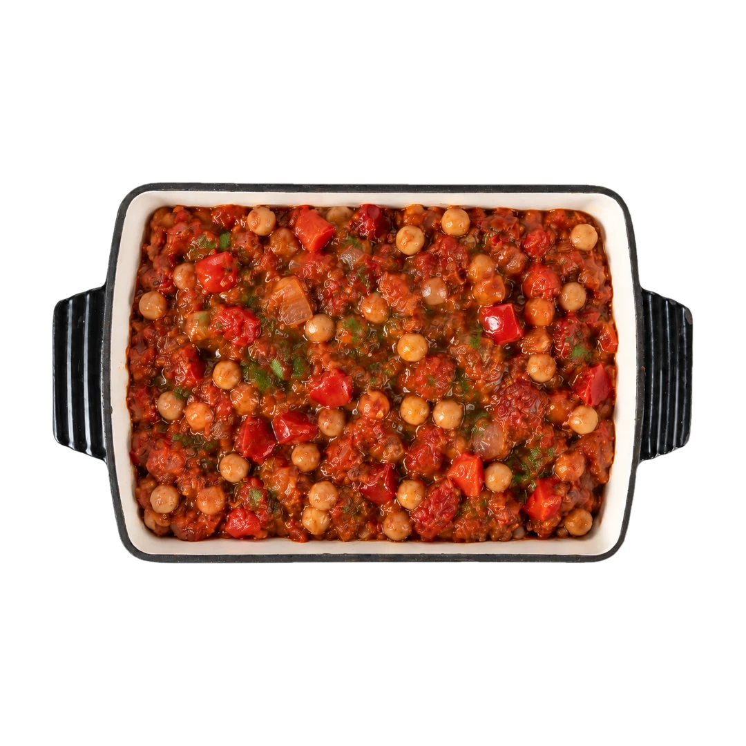 Chickpea salsa in a dark serving dish, vegan En Route lunch box main