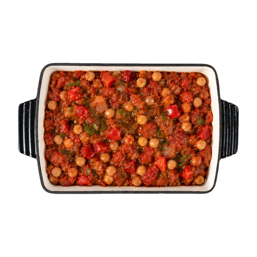 Chickpea salsa in a dark serving dish, vegan En Route lunch box main