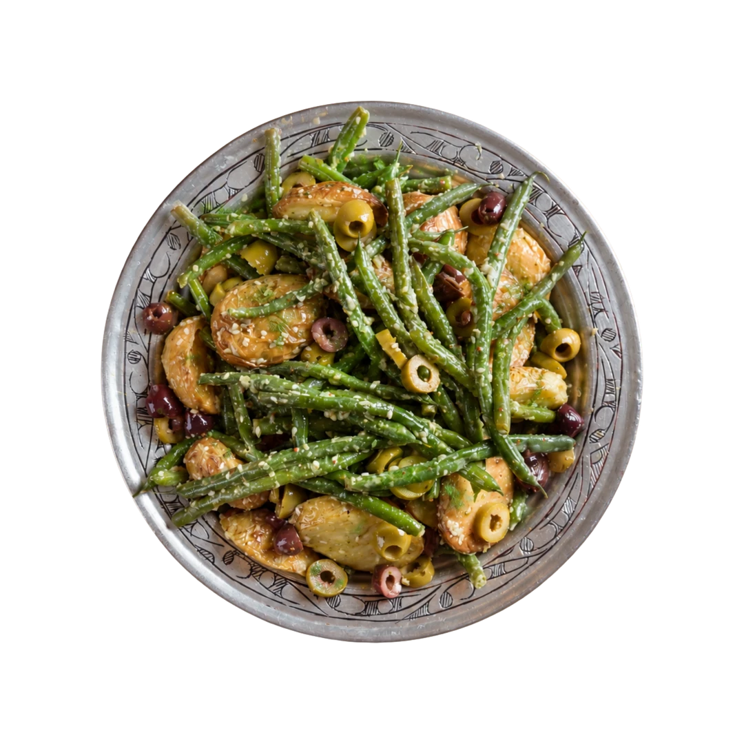 Green bean and baby potato salad with olives, vegan winter cold side at En Route