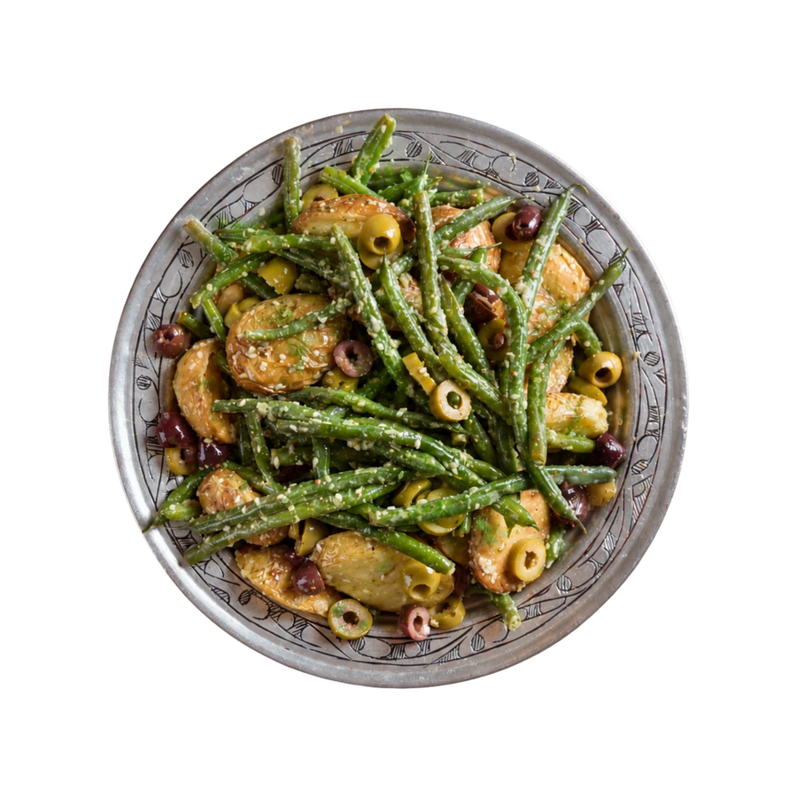 Green bean and baby potato salad with olives, vegan winter cold side at En Route