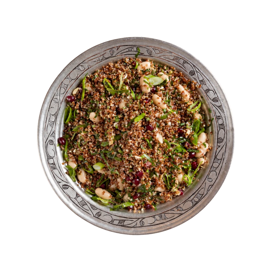 Red quinoa salad with white beans and pomegranate, vegan winter cold side at En Route