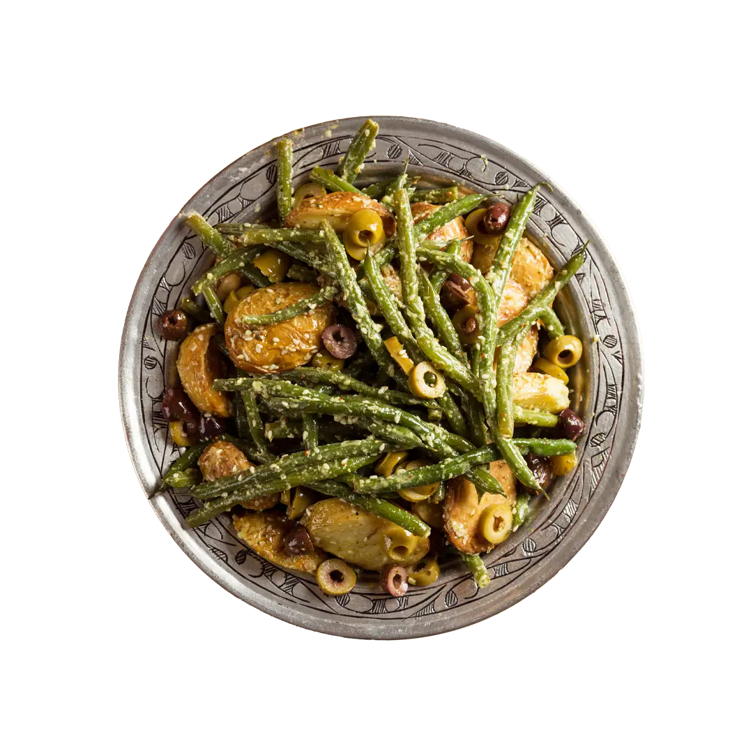 Green bean and baby potato salad with olives, vegan summer salad at Cafe Route