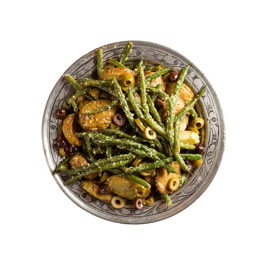 Green bean and baby potato salad with olives, vegan cold side at En Route