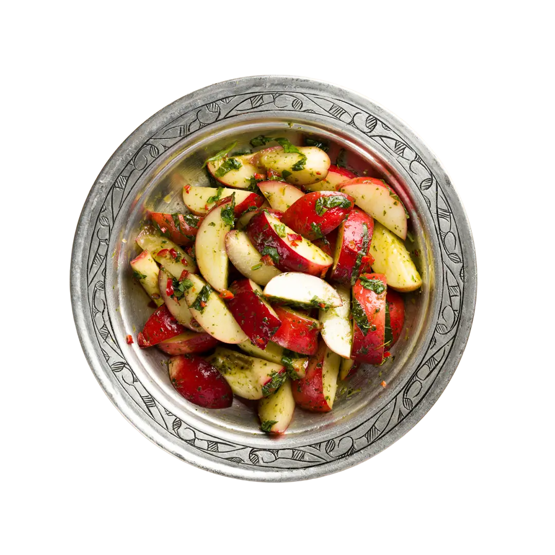 Peach salad with fresh herbs and chilli, vegan summer salad at Cafe Route