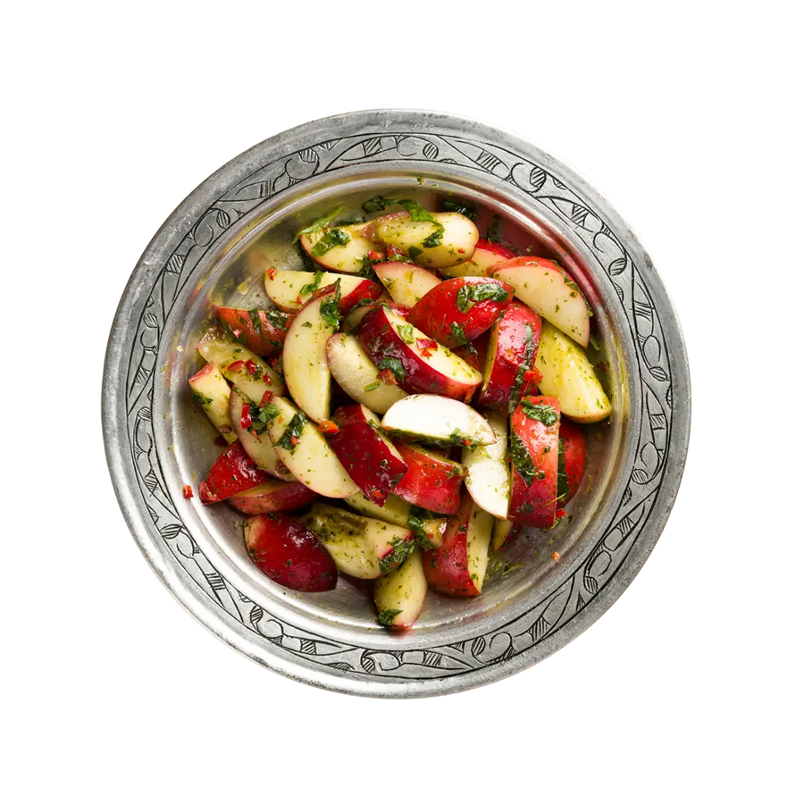 Peach salad with fresh herbs and chilli, vegan summer salad at Cafe Route