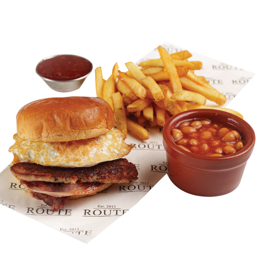 Route Cafe Breakfast Brioche Egg Bacon Sausage