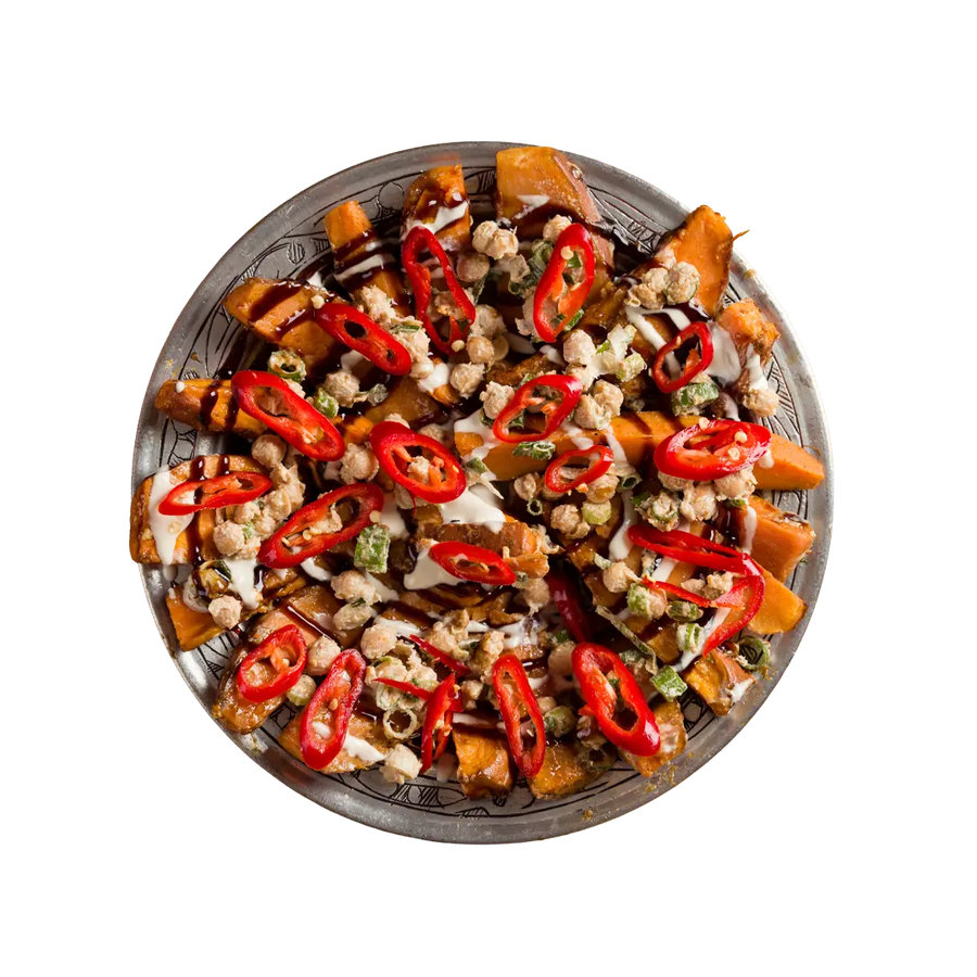 Roasted sweet potato salad with chickpeas and chilli, vegan summer salad at Cafe Route