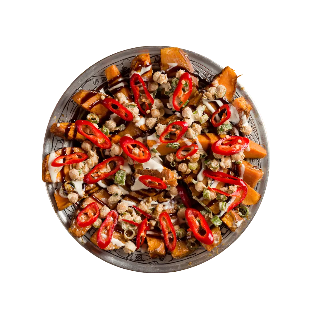 Roasted sweet potato salad with chickpeas and chilli, vegan cold side at En Route