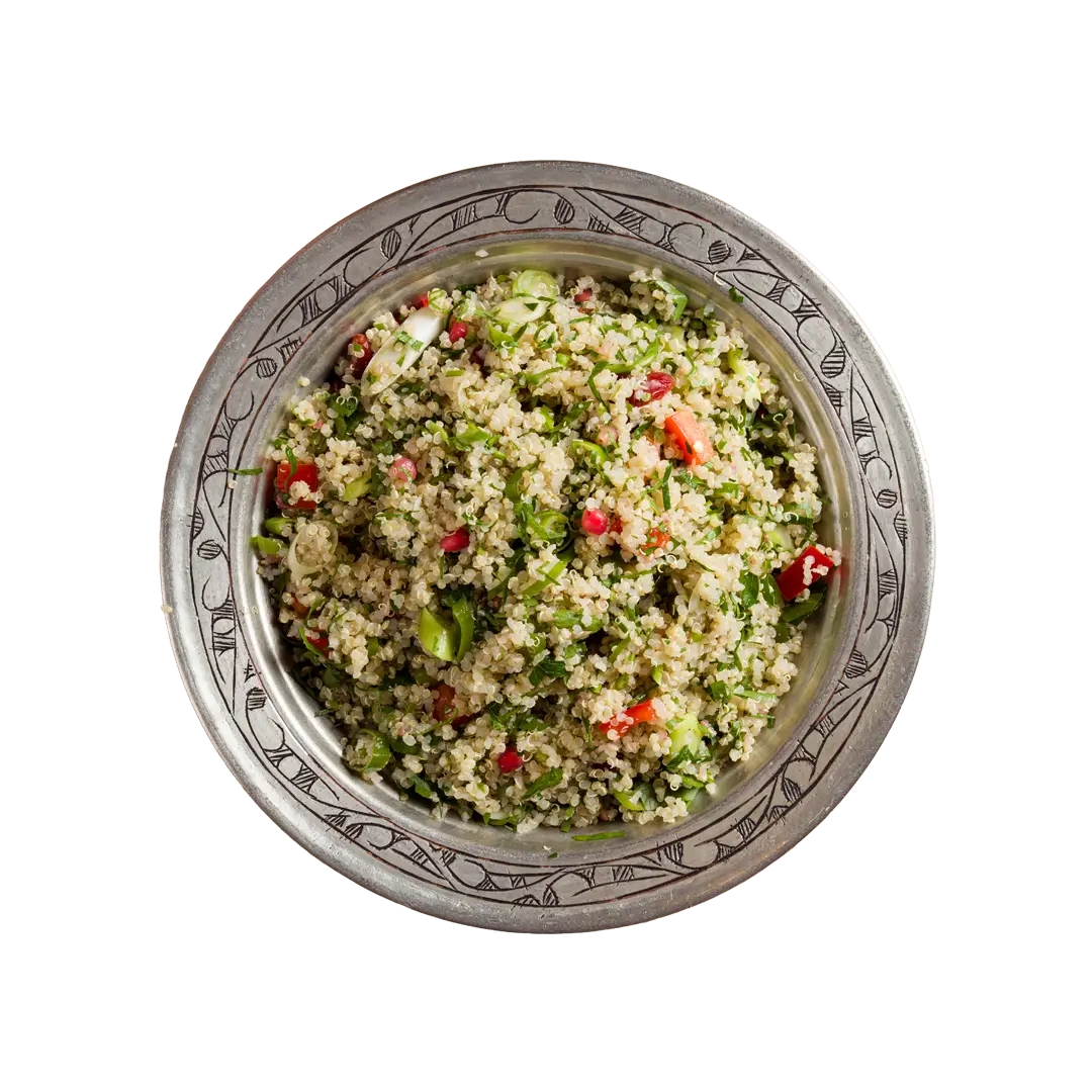 White quinoa salad with peppers and fresh herbs, vegan cold side at En Route