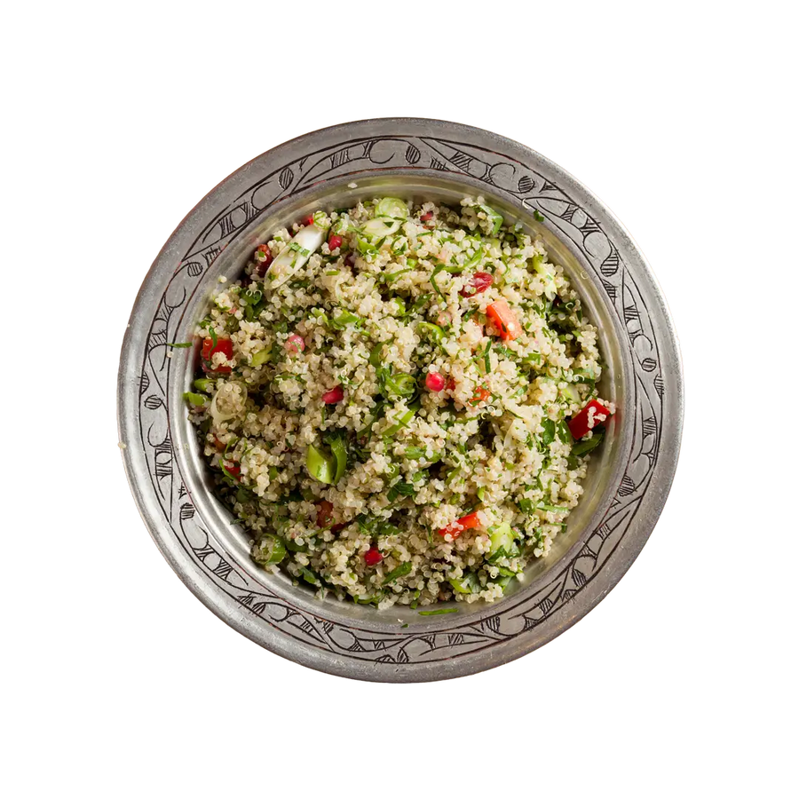 White quinoa salad with peppers and fresh herbs, vegan summer salad at Cafe Route